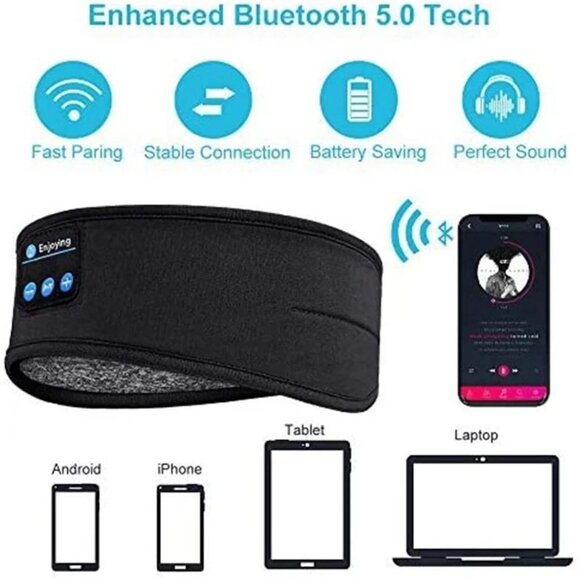 Sleep Bluetooth Headband/Eye Mask Headphones Side Sleeping Running Workout Soft - Picture 5 of 9